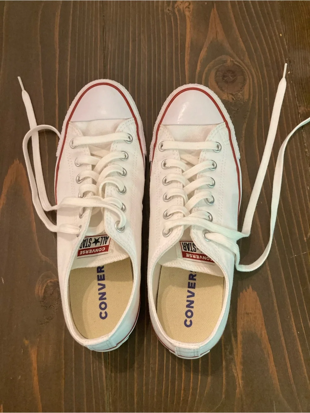 Classic Ivory Converse Canvas Sneakers with Red and Blue Trim - Picture 3 of 6